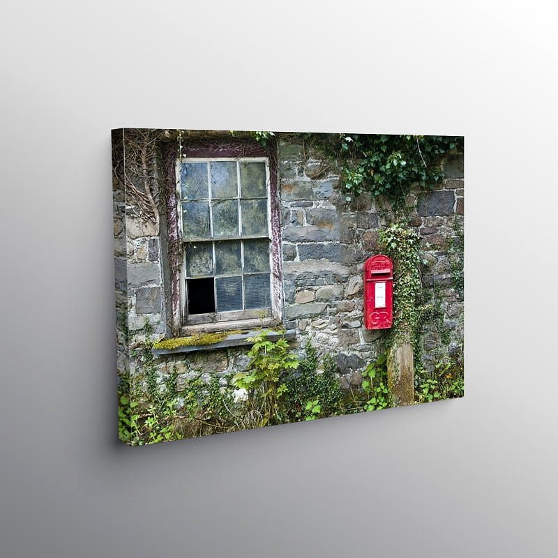 Old Building and Red Letterbox on the roadside Cilycwm, Canvas Print