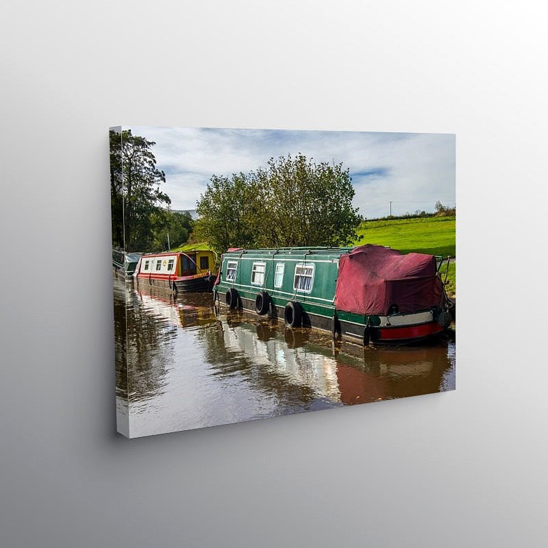 Narrowboats Moored on the BrecMon Canal, Canvas Print