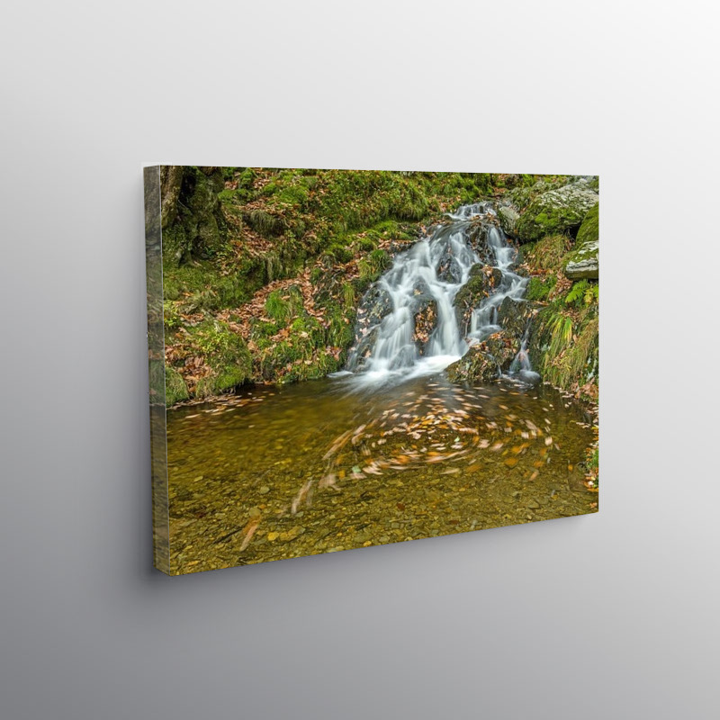 Waterfall and swirling leaves Elan Valley, Canvas Print