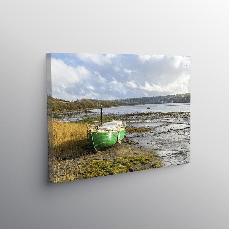 Green moored boat Teifi estuary Cardigan, Canvas Print